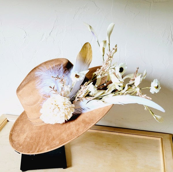 Boho Western Floral Feather Hat Tan
