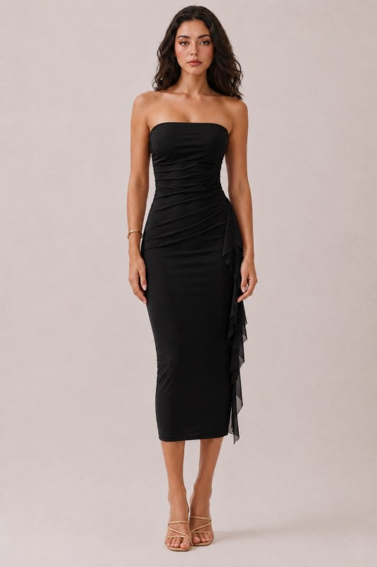 Noir Draped Strapless Midi Dress