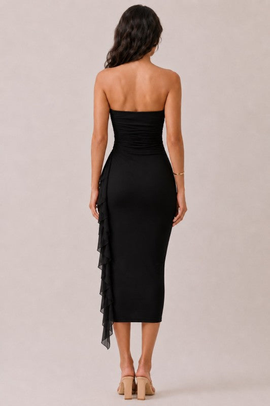 Noir Draped Strapless Midi Dress