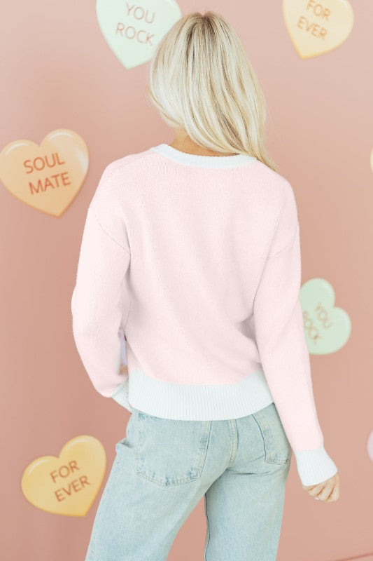 Valentine Bow Tie Cherry Drop Shoulder Sweater