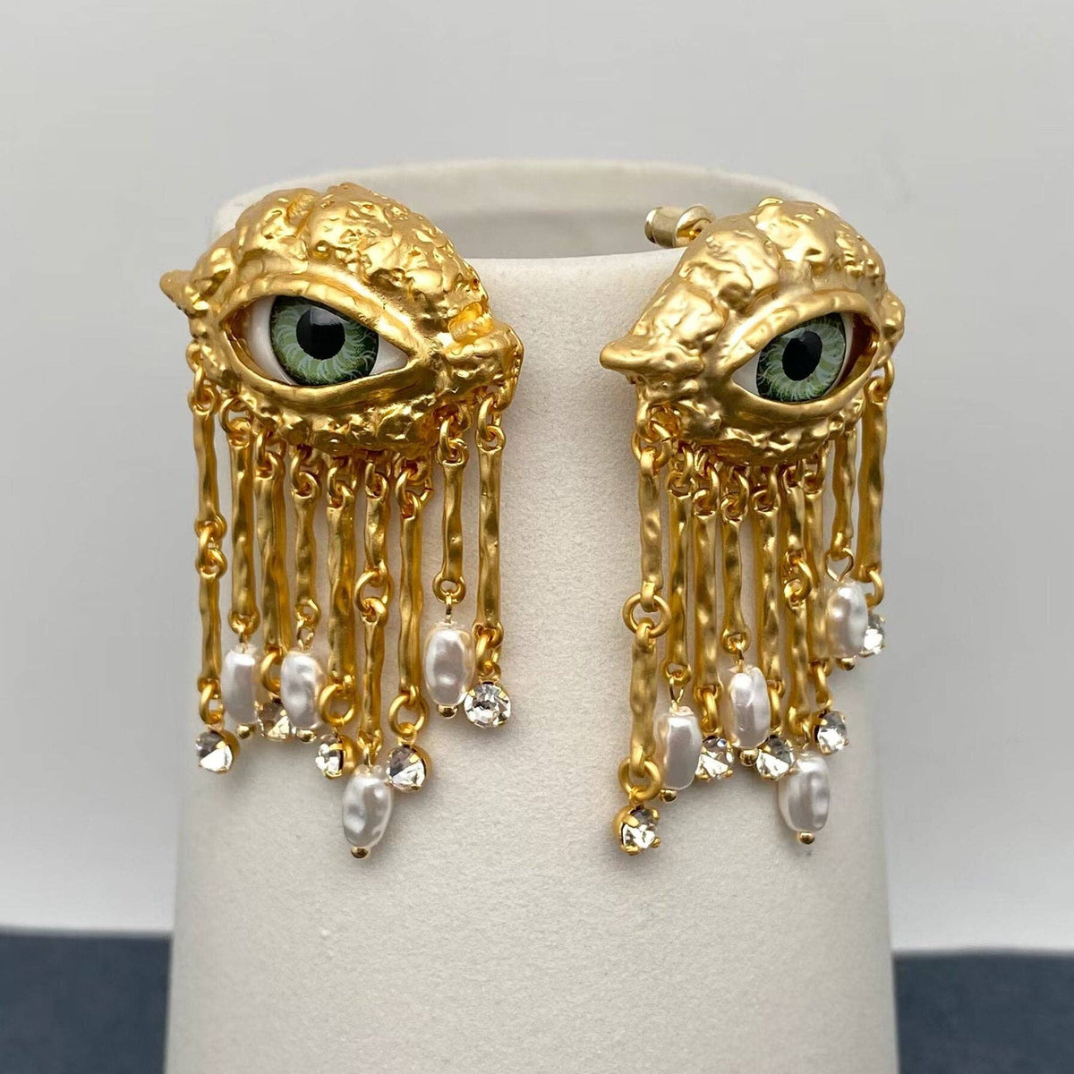 Green Eye Fringe Statement Earrings
