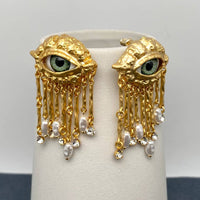 Green Eye Fringe Statement Earrings
