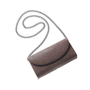 Gray textured clutch bag with a chain strap on a white background