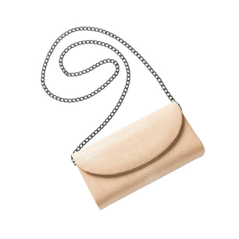 Beige handbag with a chain strap on a white background