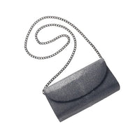 Gray textured clutch bag with a chain strap on a white background