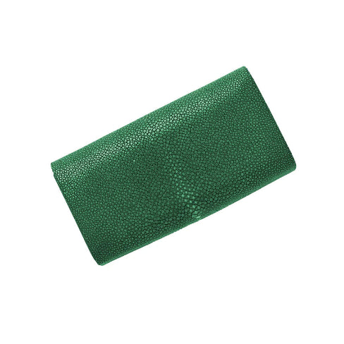 Green clutch bag with textured surface on a white background