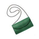 Green clutch bag with a chain strap on a white background
