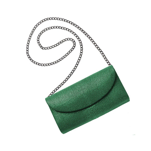 Green clutch bag with a chain strap on a white background