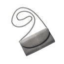 Gray textured handbag with a chain strap on a white background