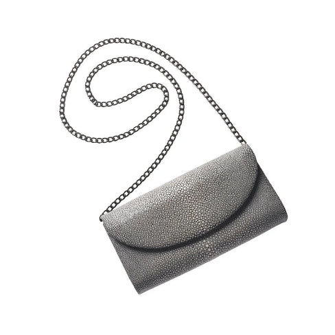 Gray textured handbag with a chain strap on a white background