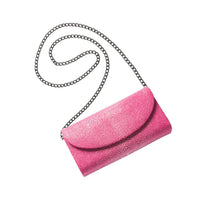 Pink clutch bag with a chain strap on a white background