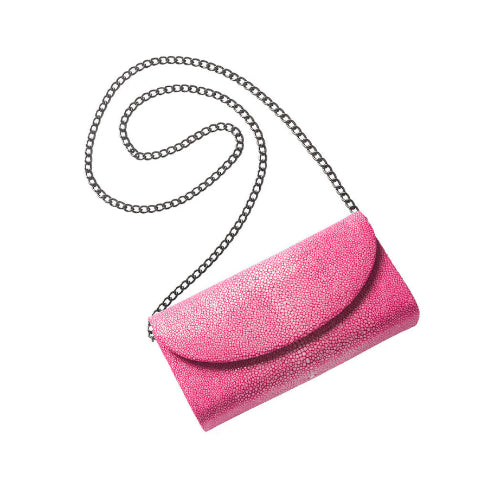 Pink clutch bag with a chain strap on a white background