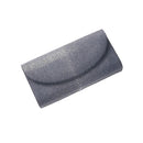 Gray clutch bag with textured surface on a white background