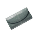 Teal clutch bag with textured surface on a white background
