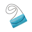 Blue clutch bag with a chain strap on a white background
