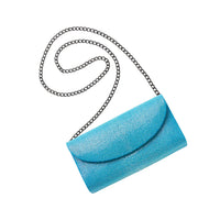 Blue clutch bag with a chain strap on a white background
