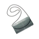 Gray textured clutch bag with a chain strap on a white background