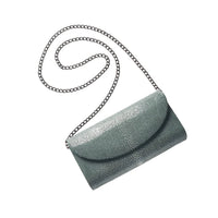 Gray textured clutch bag with a chain strap on a white background