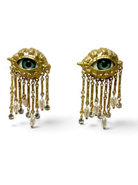 Green Eye Fringe Statement Earrings