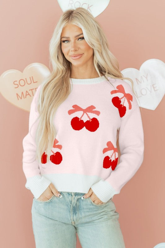 Valentine Bow Tie Cherry Drop Shoulder Sweater