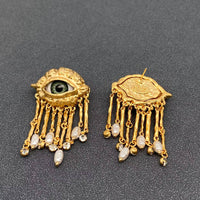 Green Eye Fringe Statement Earrings